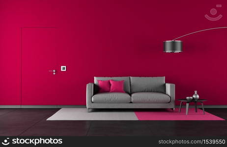 Red and black living room with modern sofa and door - rendering