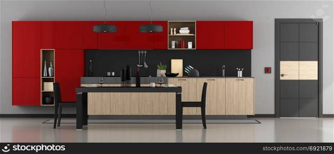 Red and black modern kitchen. Red and black modern kitchen with dining table,chairs and closed door - 3d rendering
