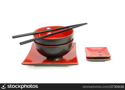 Red and black oriental table set isolated