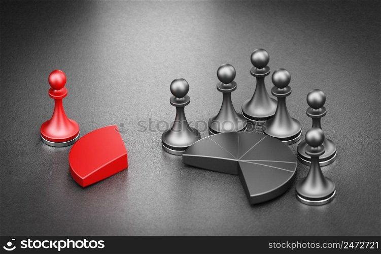 Red and black pie charts with pawns over black background. Market share, Business competition. 3d illustration. . Take market share from competitors.