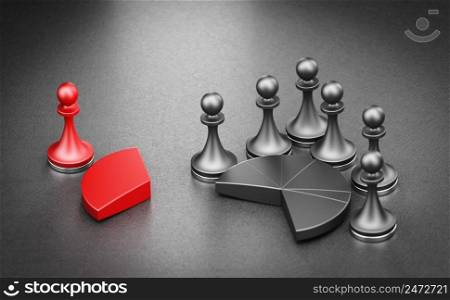 Red and black pie charts with pawns over black background. Market share, Business competition. 3d illustration. . Take market share from competitors.