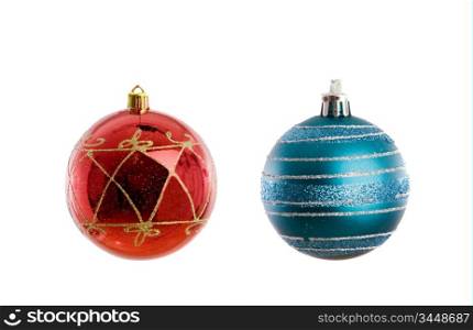Red and blue balls of Christmas on a over white background