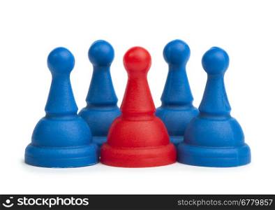 Red and blue game pawns white isolated. Lideship conception