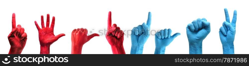red and blue painted hands pack over white background
