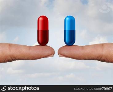 Red and blue pill choice as fingers holding medication capsules as a symbol of choosing between truth and illusion or knowledge or ignorance or pharmaceutical treatment option concept with a 3D render.
