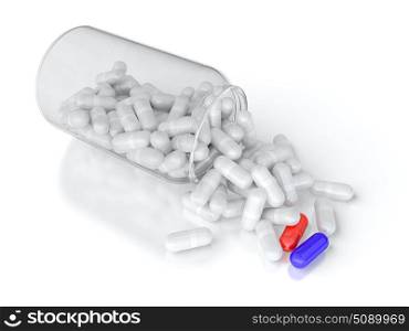 Red and blue pills among white pills spilled from bottle