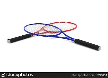 red and blue tennis rackets isolated on white background