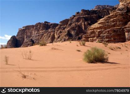 Red and, desert and rocks in Wadi Rum, Jordan