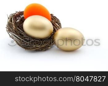 Red and gold nest eggs reflect risk issues in investments threatening portfolio, business, pension, savings, retirement goals.