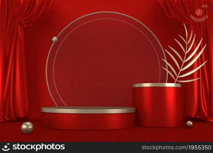 Red and Gold podium show in red color background.3D rendering