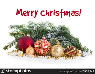 red and golden christmas decorations with evergreen tree isolated on white background. golden christmas decorations