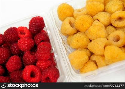 Red and golden raspberries in a plastic store container on a white nackground. Red And Golden Raspberry