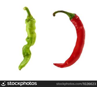 red and green chili peppers isolated on a white background, close up