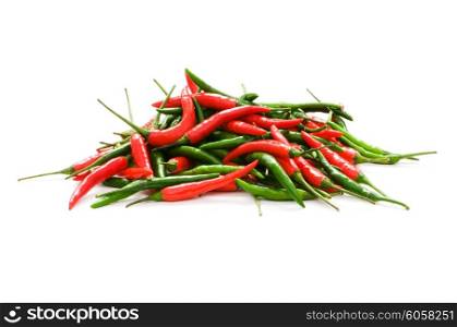 Red and green chili peppers isolated on the white