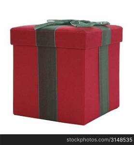 Red and green fabric gift box over white.