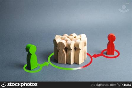 red and green figures of people influence the crowd. Pressure, influence on public opinion, communicating, point of view, mind control. Control media, election campaign, debate. change to their side