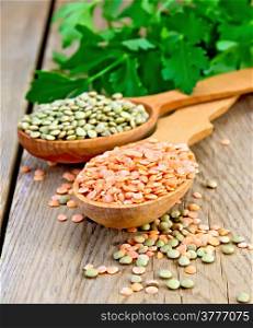 Red and green lentils in a wooden spoon with parsley on a wooden boards background