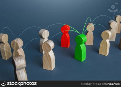 Red and green people in the corporate network. Resolution of issues and conflicts through contact managers. Concept of a reliable cooperating partner and an unreliable non-negotiable intermediary