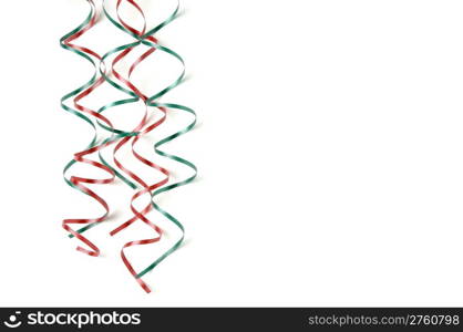 red and green ribbon on white background, holiday feel with copy space