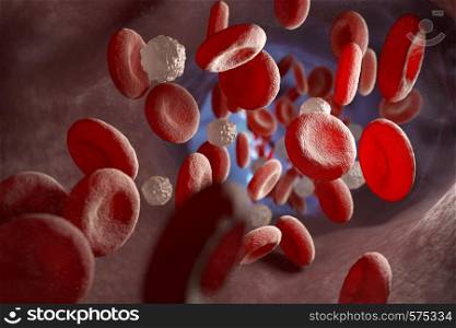 Red and white blood cells and in the vein. 3D illustration. Red and white blood cells and in the vein
