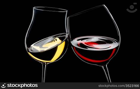 red and white wine glasses, isolated over black