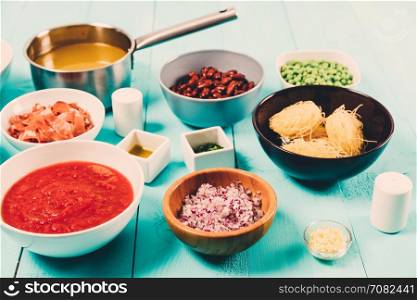 Red and Yellow Capsicum, Onion, Bacon, Vegetable Stock, Ketchup, Beans and Peas And Vermicelli Pasta Food Ingredients For Minestrone Soup Recipe