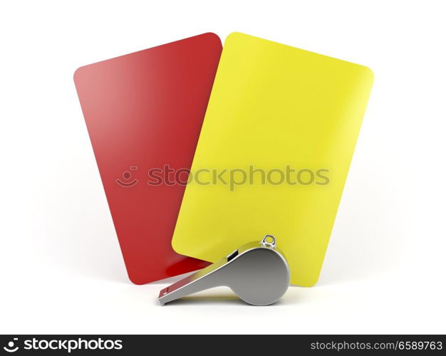 Red and yellow cards and metal whistle