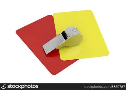 Red and yellow cards and metal whistle on white background