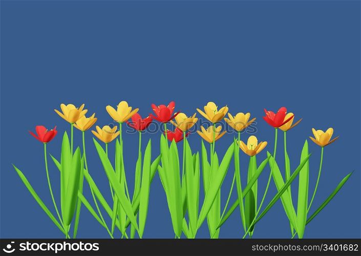Red and yellow flowers isolated on blue background. Illustration