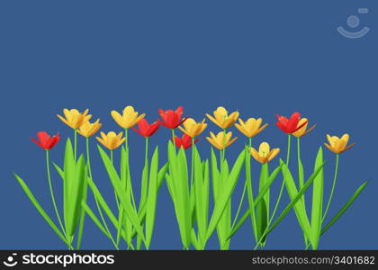 Red and yellow flowers isolated on blue background. Illustration