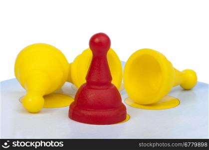 Red and yellow game pawns white isolated. Lideship conception