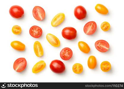 Red and yellow pepper cherry tomatoes isolated on white background. Top view