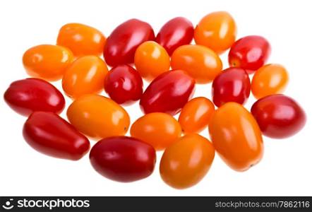 Red and yellow perino tomatoes on a white background