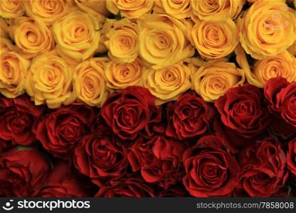 Red and yellow roses in a floral wedding arrangement
