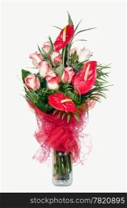 Red Anthurium and Pink Roses Bouquet isolated on white.