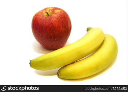 Red apple and two bananas isolated on white background