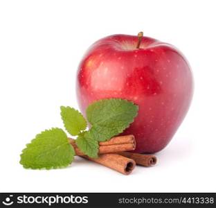 Red apple, cinnamon sticks and mint leaves still life isolated on white cutout.