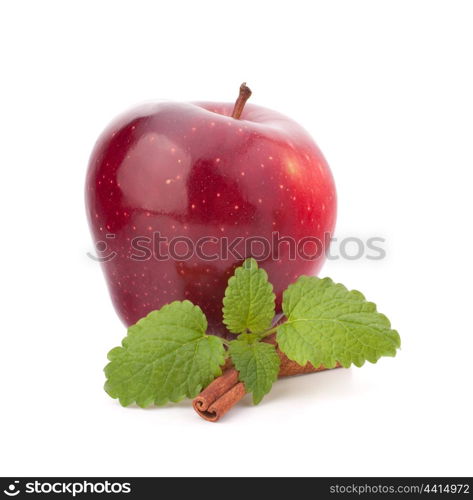 Red apple, cinnamon sticks and mint leaves still life isolated on white cutout.