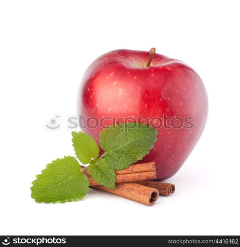 Red apple, cinnamon sticks and mint leaves still life isolated on white cutout.