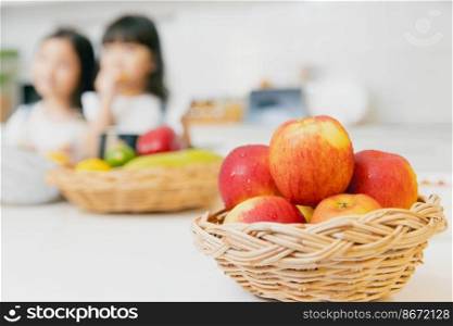 Red Apple fresh healthy fruit high nutrition in kitchen background.