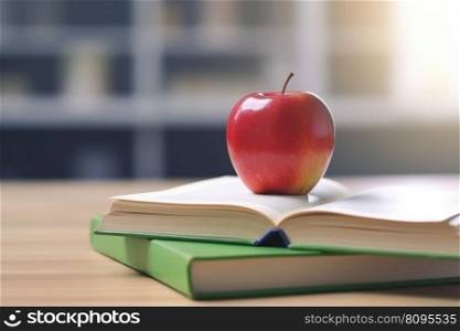Red apple on opeb book. Study teacher. Generate Ai. Red apple on opeb book. Generate Ai