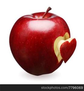 Red apple with a heart symbol against white background