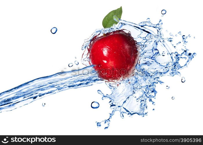 Red apple with leaf and water splash isolated on white