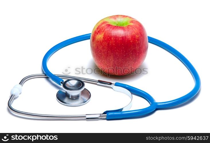Red apple with stethoscope isolated