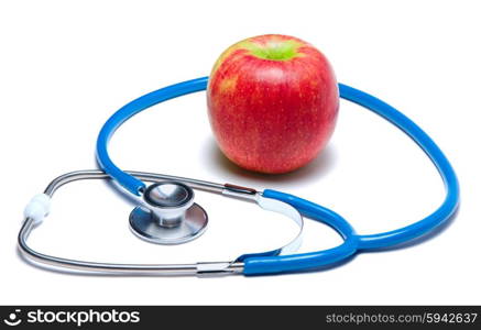 Red apple with stethoscope isolated