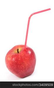 red apple with straw on isolated