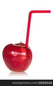Red apple with straw over a white background