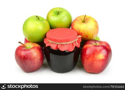 Red apples and pot of jam isolated on white background.
