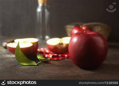 Red apples, fresh fruit. Ripe red apples on a table