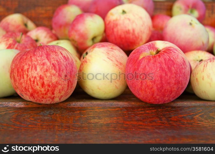 Red apples laying on wooden bench